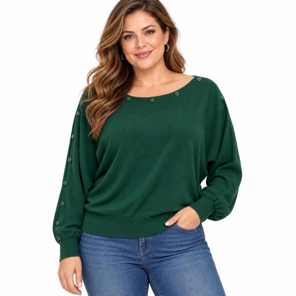 Carmen Marc Valvo Sweater Womens 2XL Green Boat Neck Button Dolman Sleeve Knit
